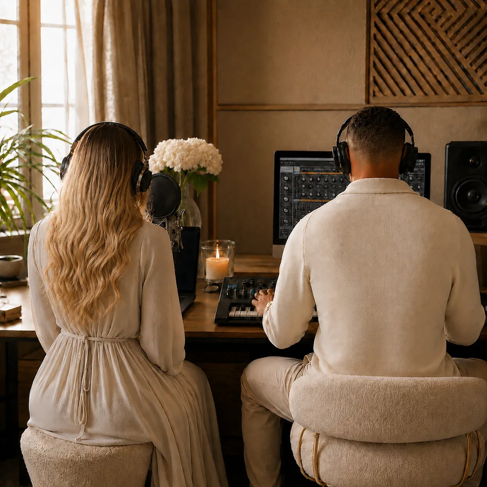 Two people working together at a home studio desk, headphones on, morning light through the window