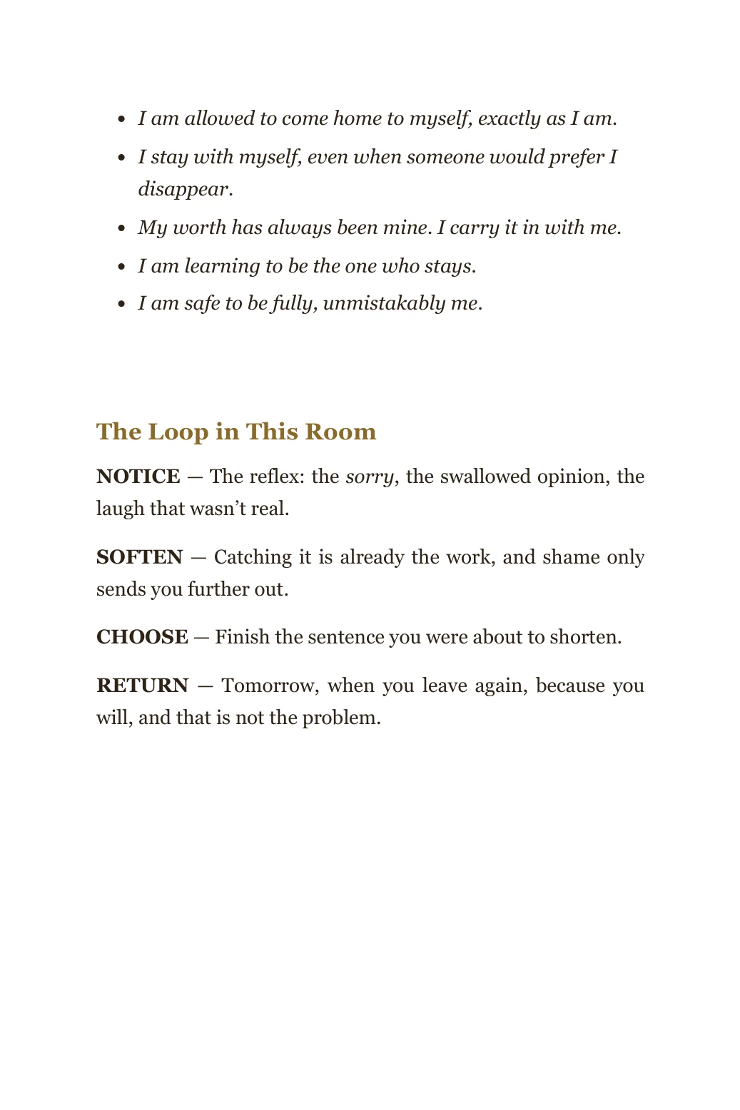 Affirmations page — lines to return to