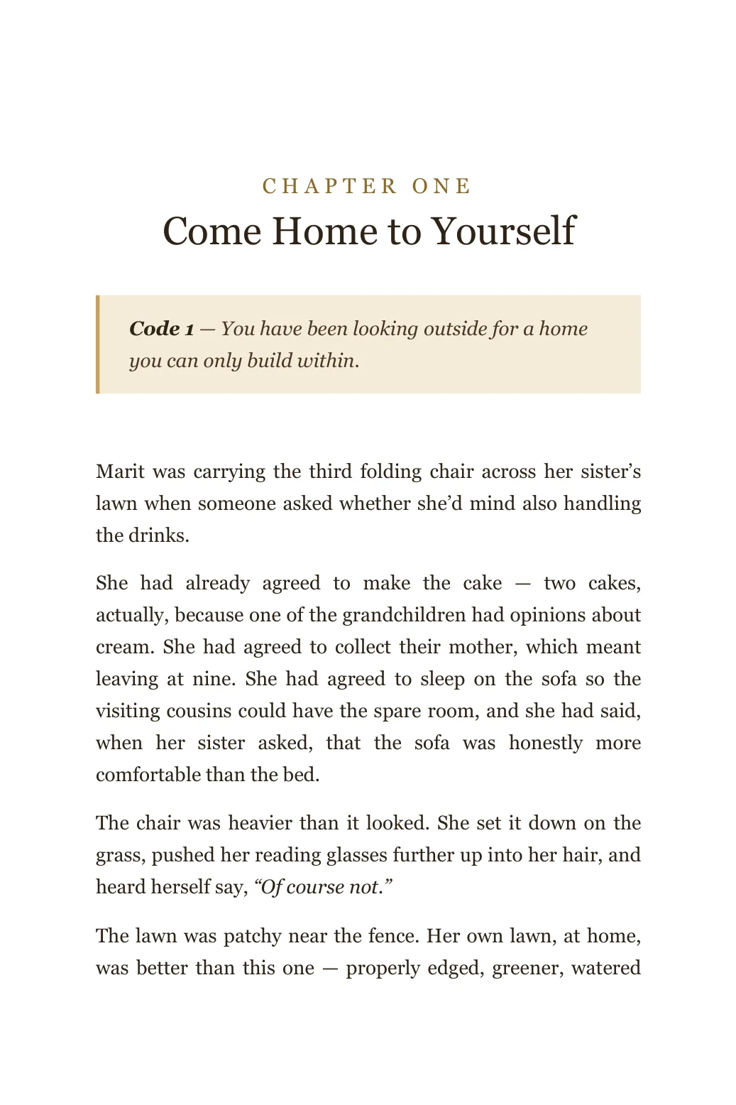 Chapter One, Come Home to Yourself, opening with Code 1 and the story of Marit